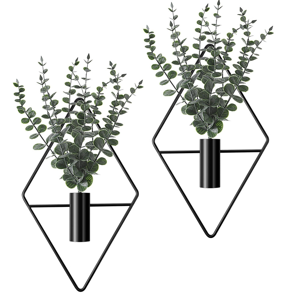 Jexine hanging planters in black metal with geometric design for walls.