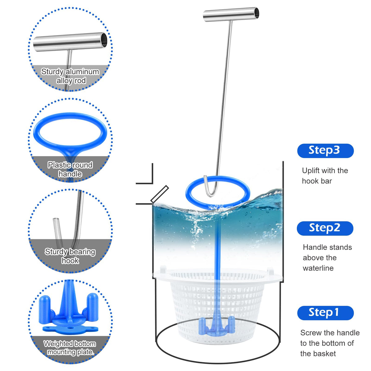 Jeyeou blue handle on skimmer basket keeps hands clean during removal.