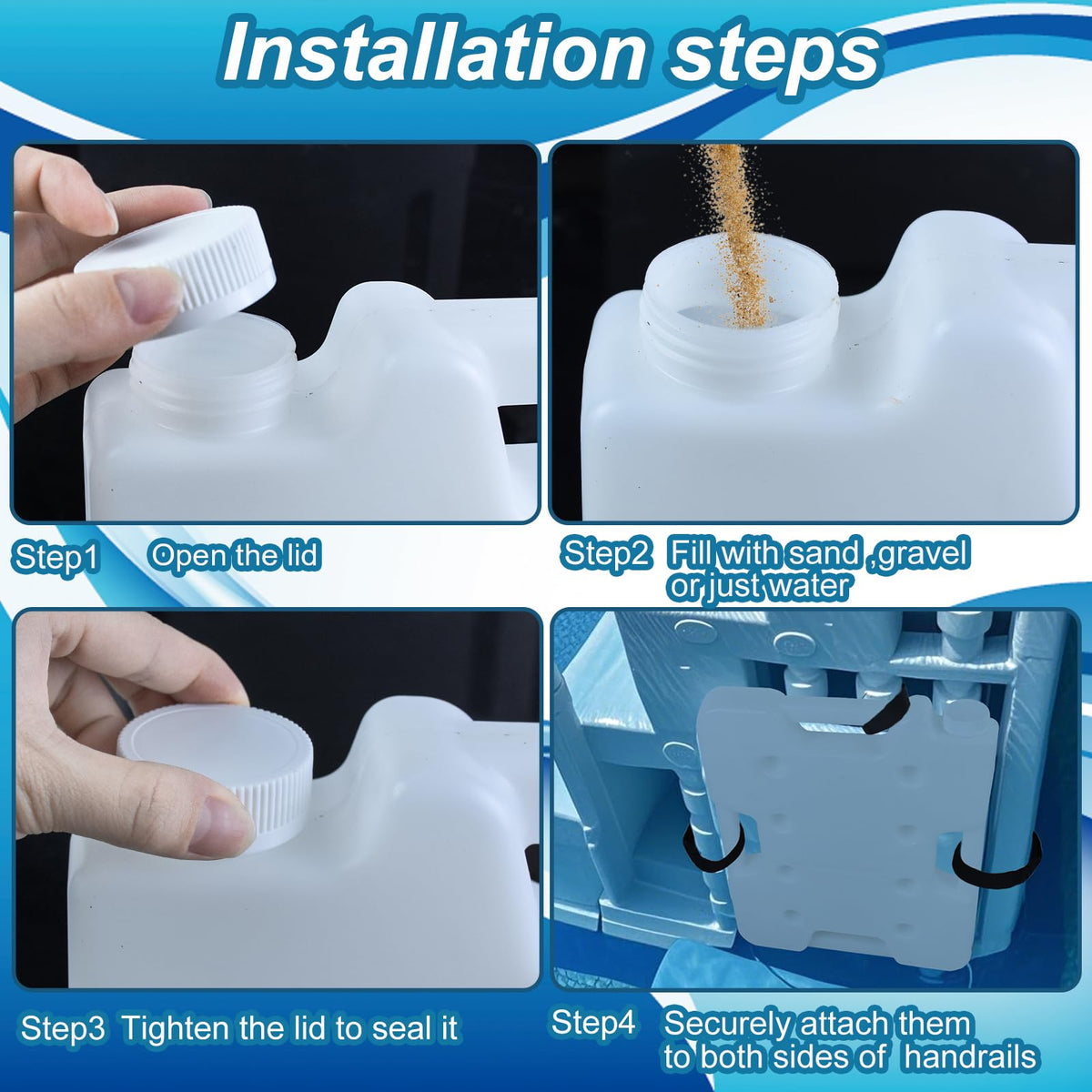 Jeyeou fill-port ladder weight allows easy filling with sand, water, or gravel.