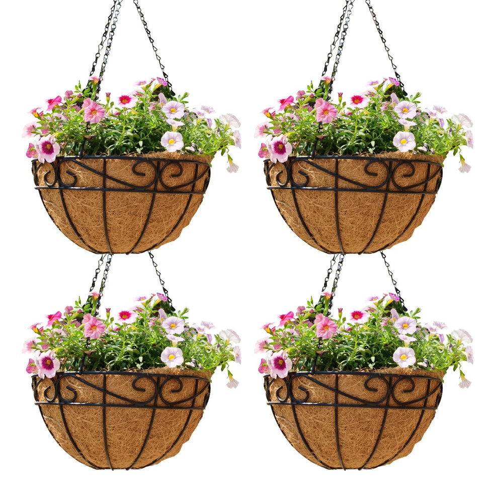 JFFLYIT 14-inch metal hanging basket set for outdoor balconies and porches.