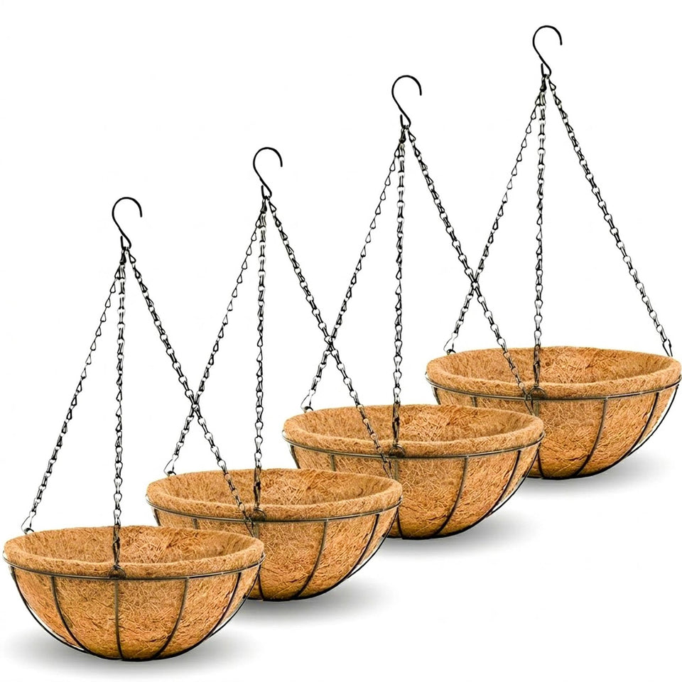 JFFLYIT 8-inch metal hanging basket four-pack for outdoor storage and vertical gardening.