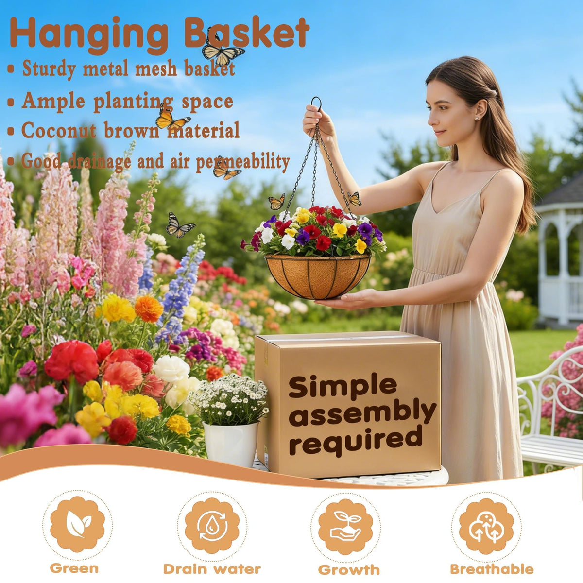 JFFLYIT hanging basket chains and hooks provide sturdy, rustproof support.