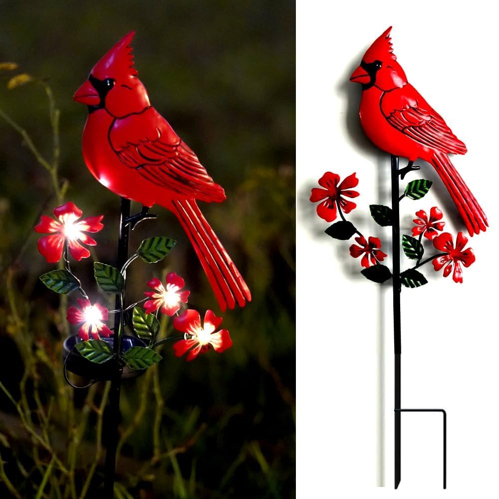 Jiasku cardinal garden stake with solar LED lights brightens outdoor walkways.