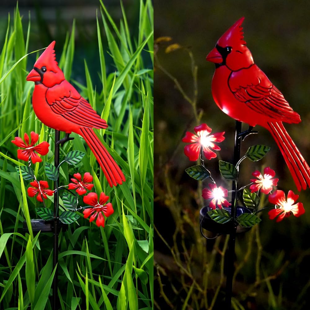 Jiasku red cardinal figurine adds symbolic warmth to outdoor décor.
