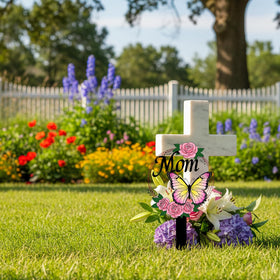 Jiasku memorial marker with butterfly motif beside flowers enhances cemetery display.