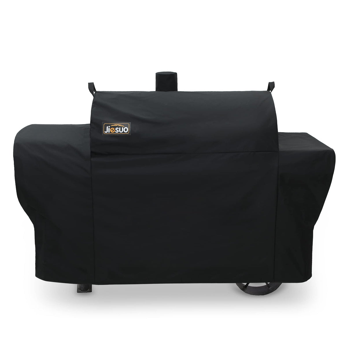JIESUO grill cover on Oklahoma Joe's Longhorn Grill protects against rain and sun.