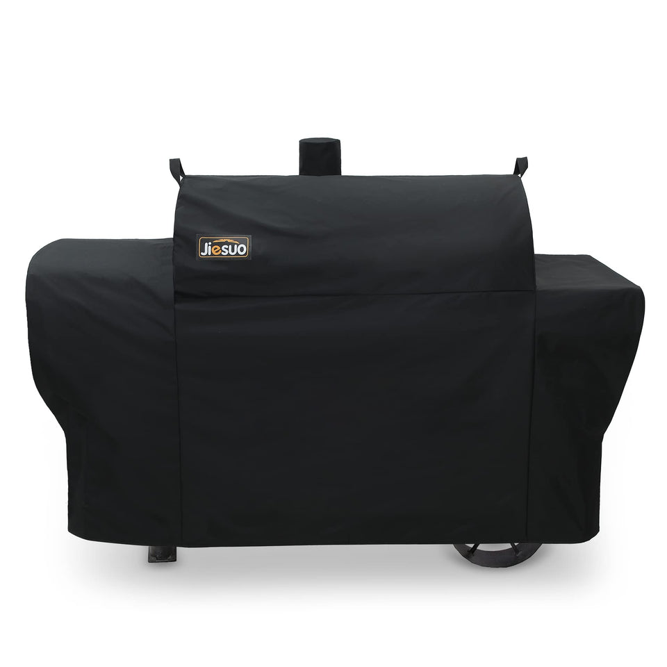 JIESUO grill cover on Oklahoma Joe's Longhorn Grill protects against rain and sun.