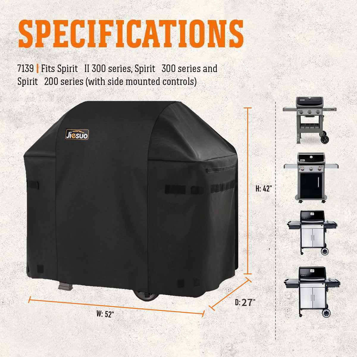 JIESUO grill cover with Velcro straps secures against wind.