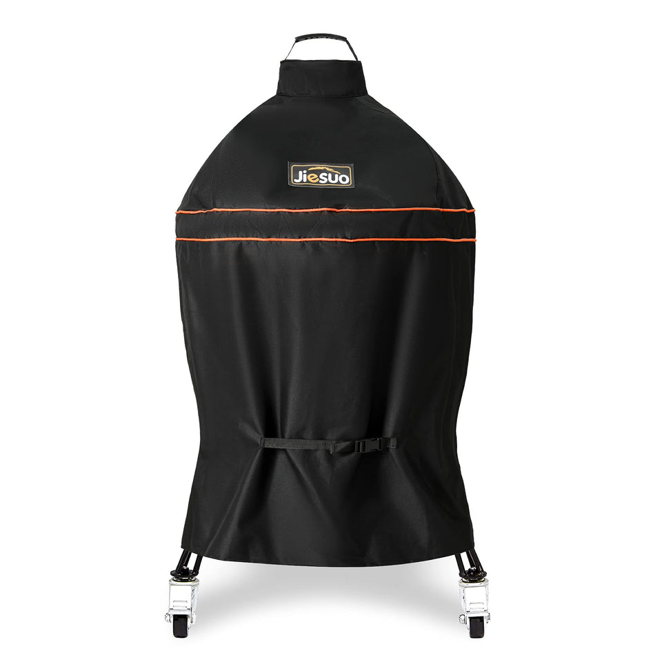 Jiesuo Kamado Joe Classic cover front view with secure buckle strap for wind protection.