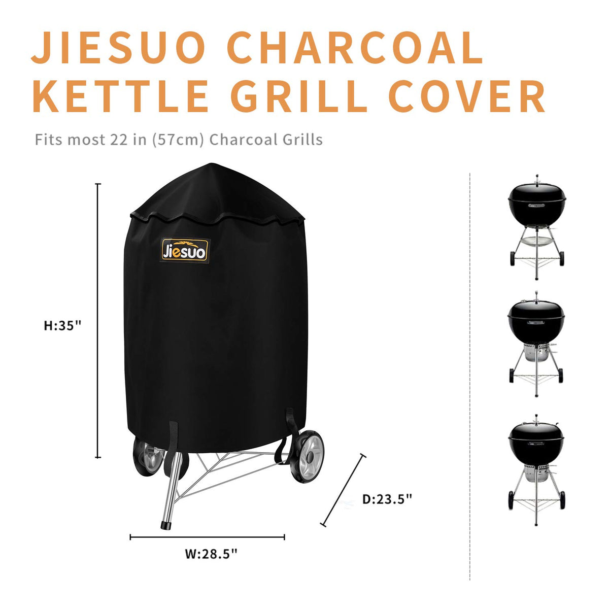 Jiesuo Weber 22in charcoal kettle cover side view for weather protection