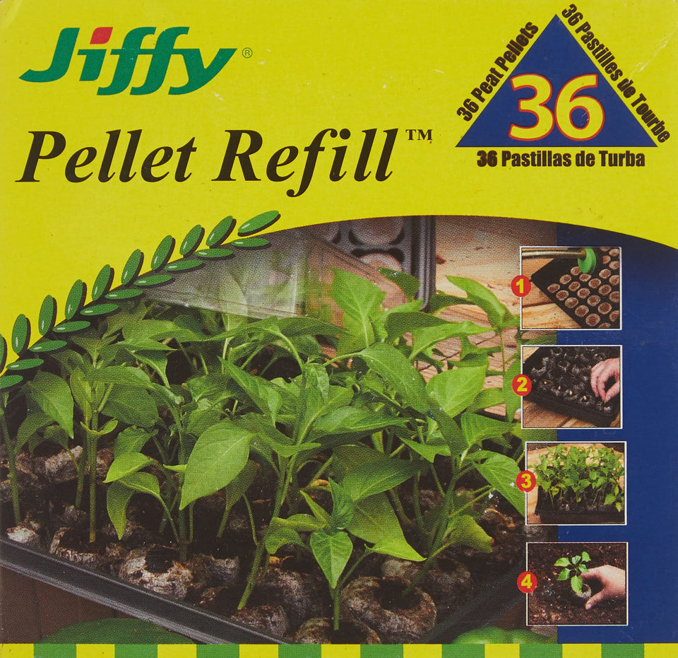 Jiffy J3R36 pellet refill packaging showing clean, contained peat for transplanting