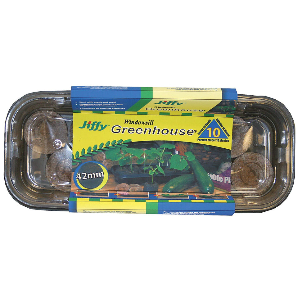 Jiffy Windowsill Greenhouse 10-pellet kit shown on a sunny counter for easy seed starting.
