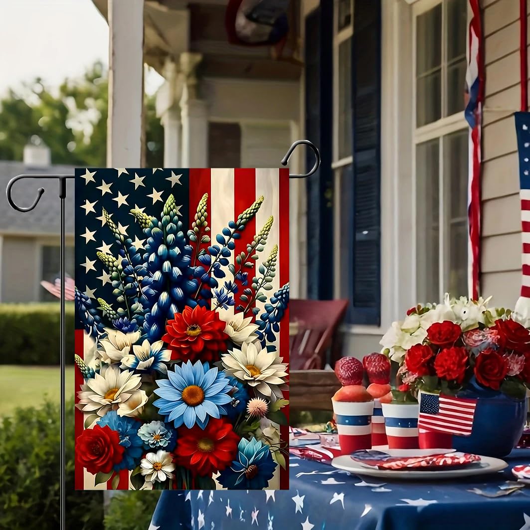 JIGINOFV burlap garden flag shows American flag design with floral accents outdoors