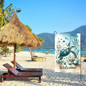 JIGINOFV Summer Sea Turtle flag – back view reveals vibrant two-sided detail for yard.