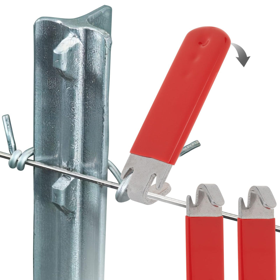 Jikbeed T-Post Clip Tool with red handle for quick fence clip securing.