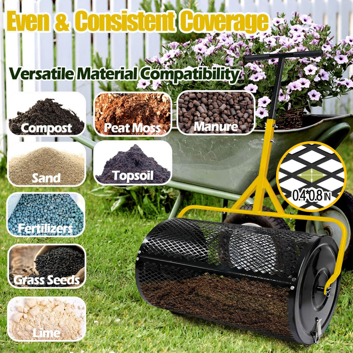 JILLSKY diamond-pattern mesh basket ensures even top dressing across turf.