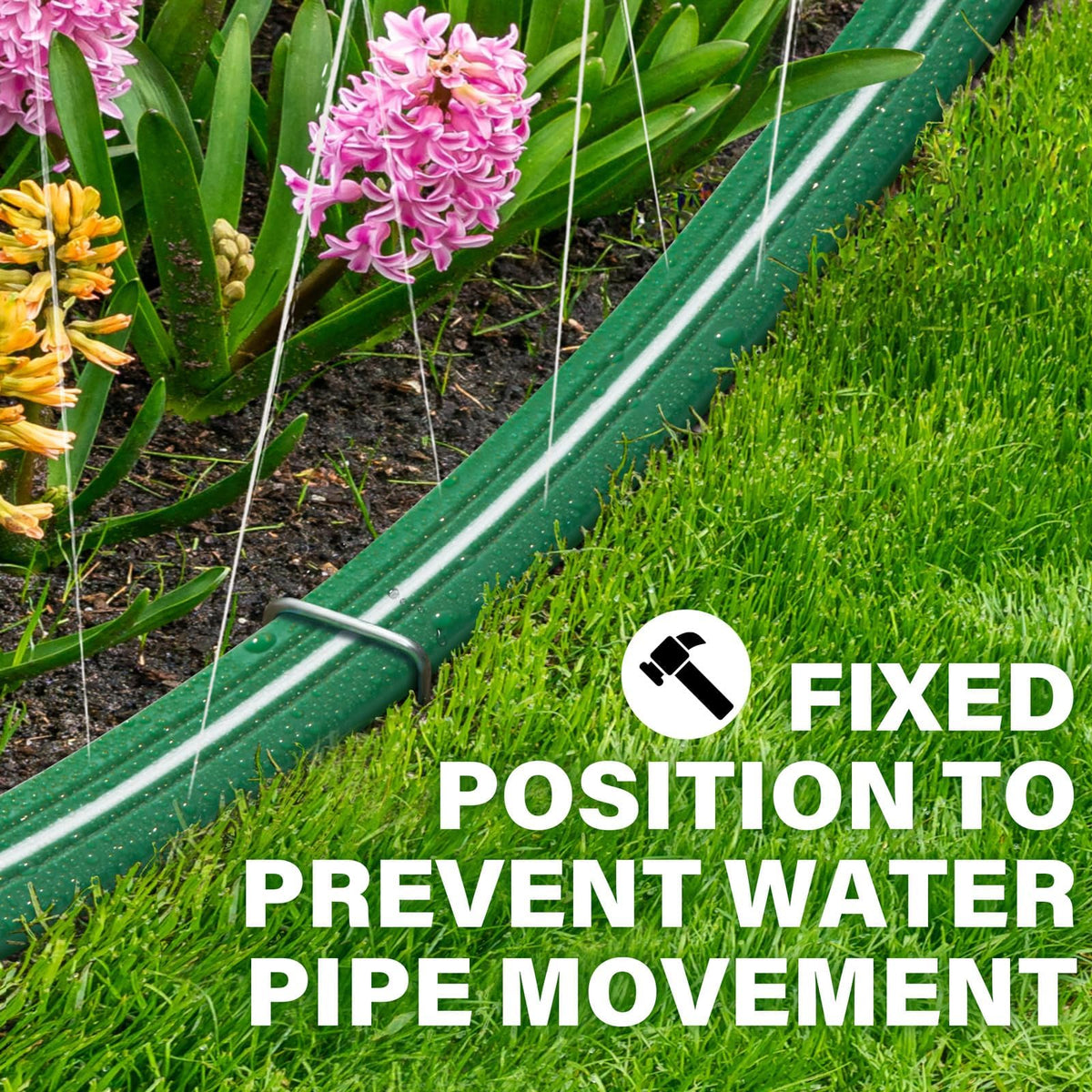 Includes landscape staples for secure hose placement.