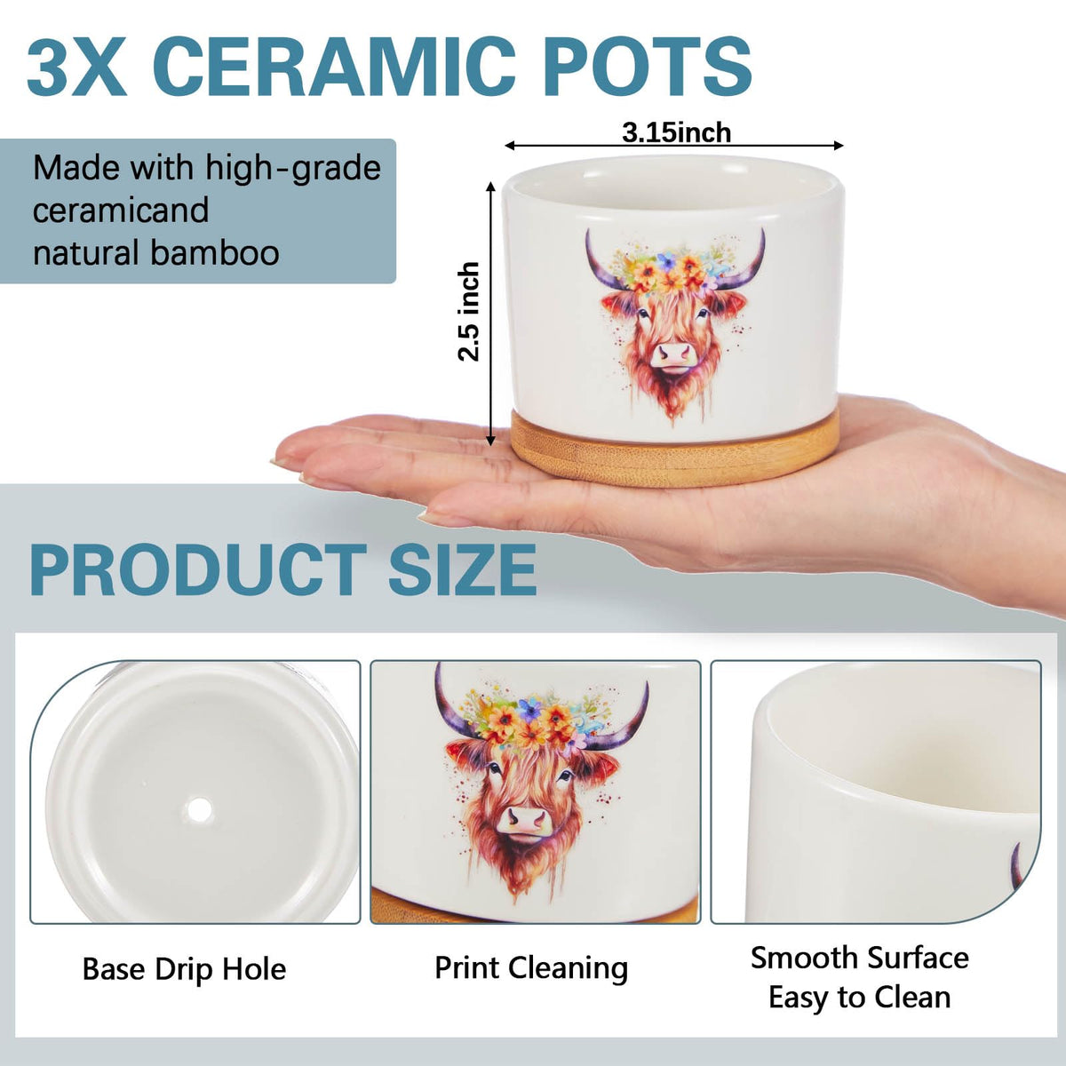 Close-up of Jingmore Highland Cow planter design adds playful charm.