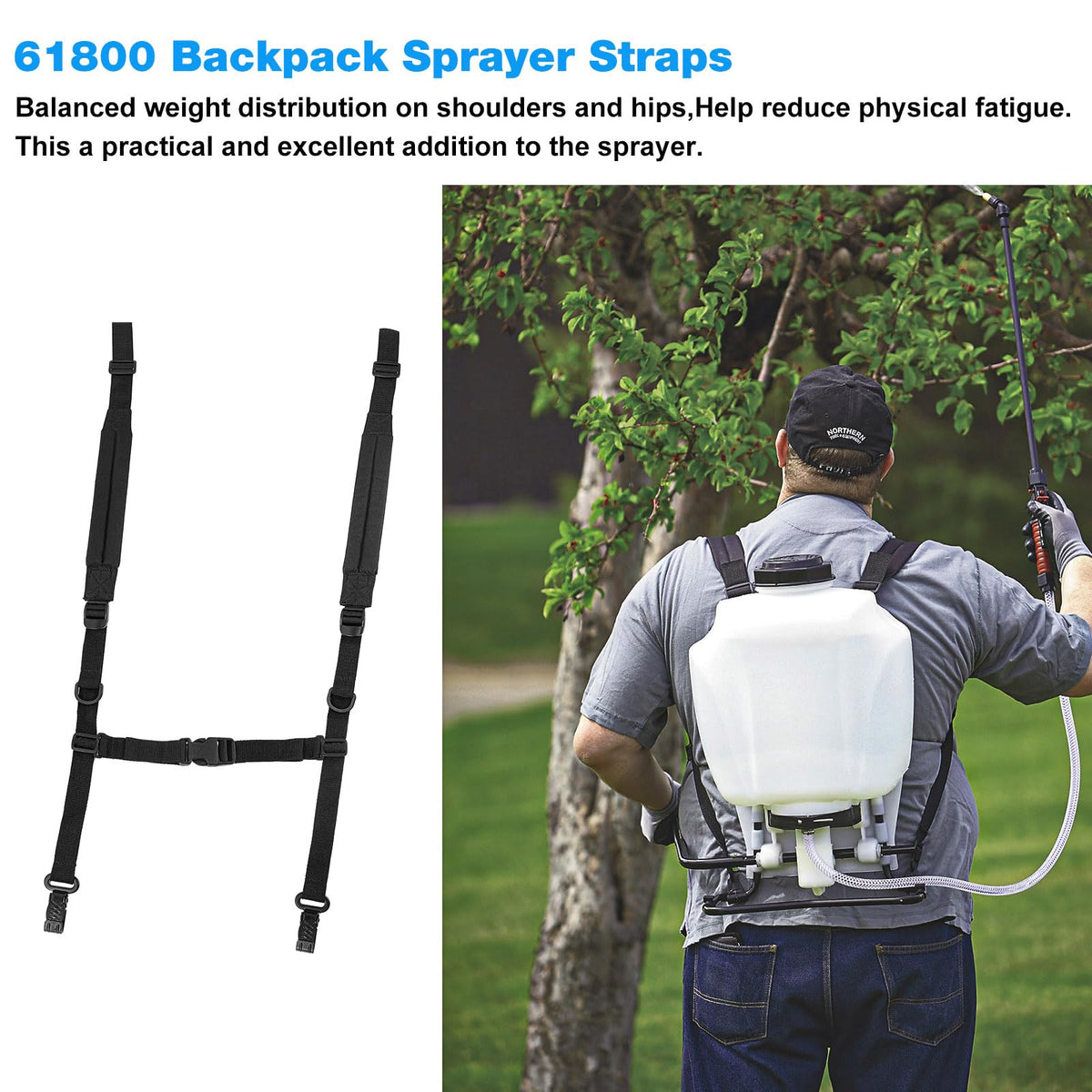 JIOTAR 6-8137 straps with padded shoulders reduce fatigue during spraying.