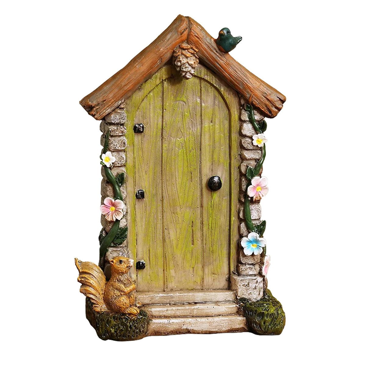 JIUMO fairy door on tree trunk for outdoor display shows weatherproof resin durability.