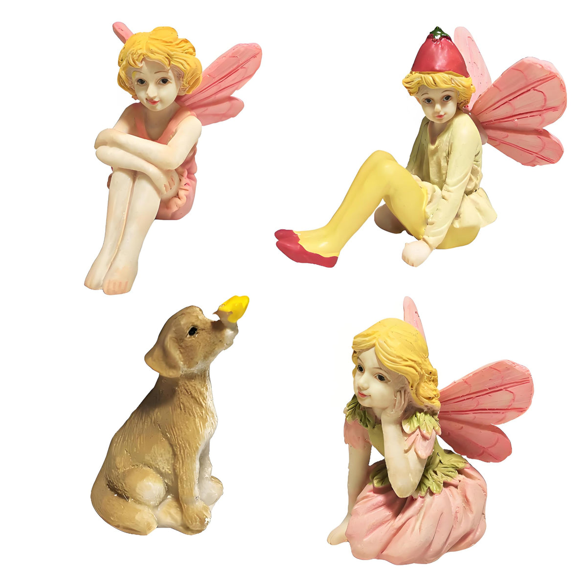 JIUMO miniature fairies three flower fairies and puppy for outdoor garden decor.