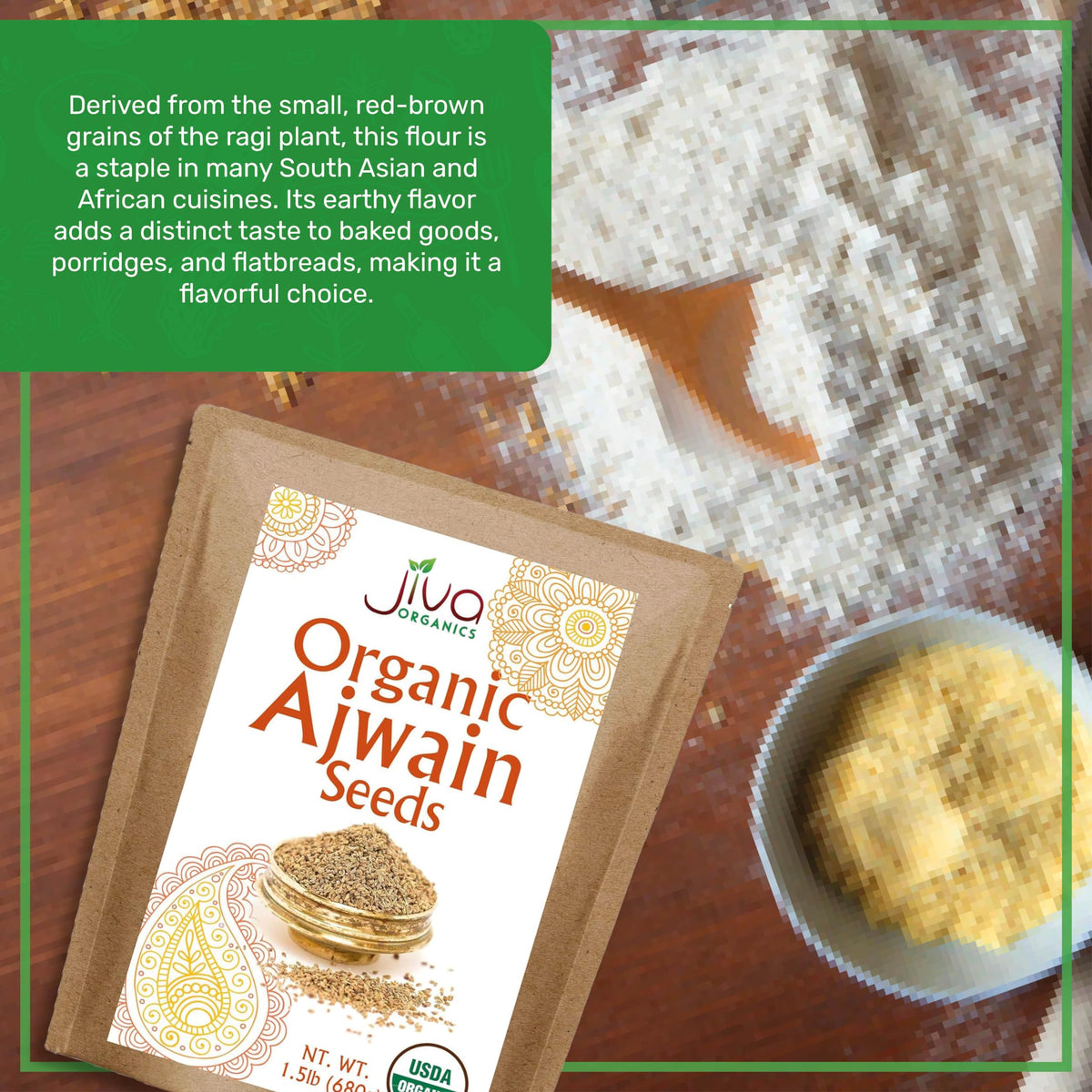 Jiva Organics Ajwain seeds close-up shows purity and high quality.
