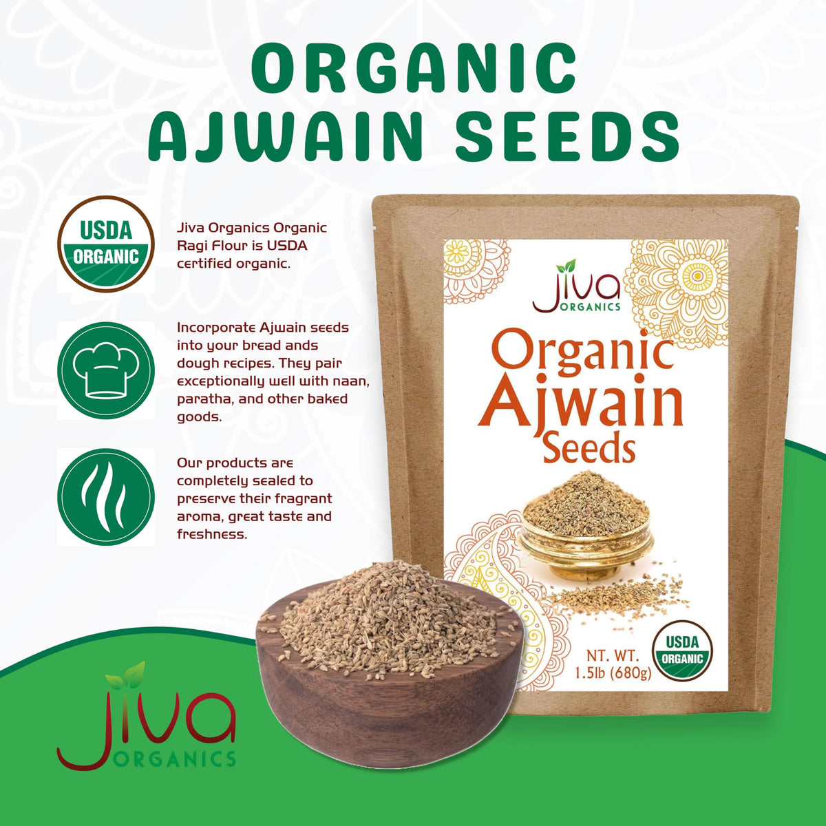 Jiva Organics Ajwain seeds with intense aroma for Indian cuisine.
