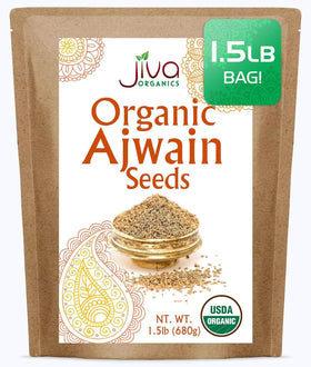 Jiva Organics Ajwain seeds in resealable 1.5 lb bag for home cooking.