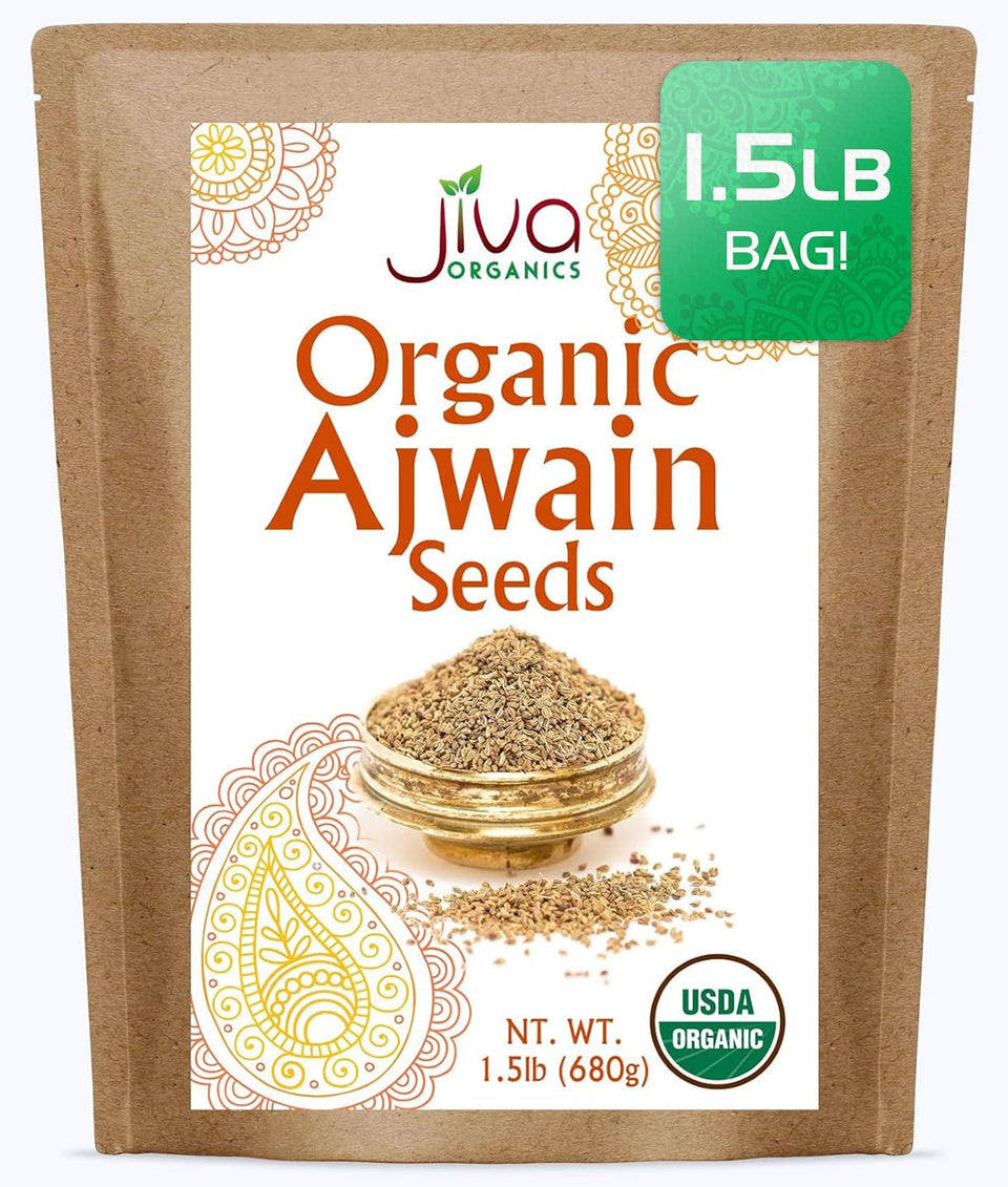 Jiva Organics Ajwain seeds in resealable 1.5 lb bag for home cooking.