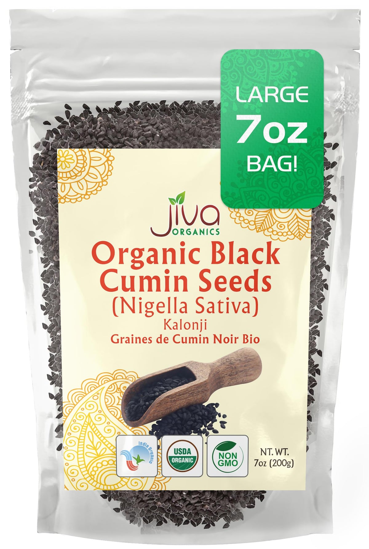 Jiva Organics Nigella seeds bag front, organic Kalonji for vibrant cooking