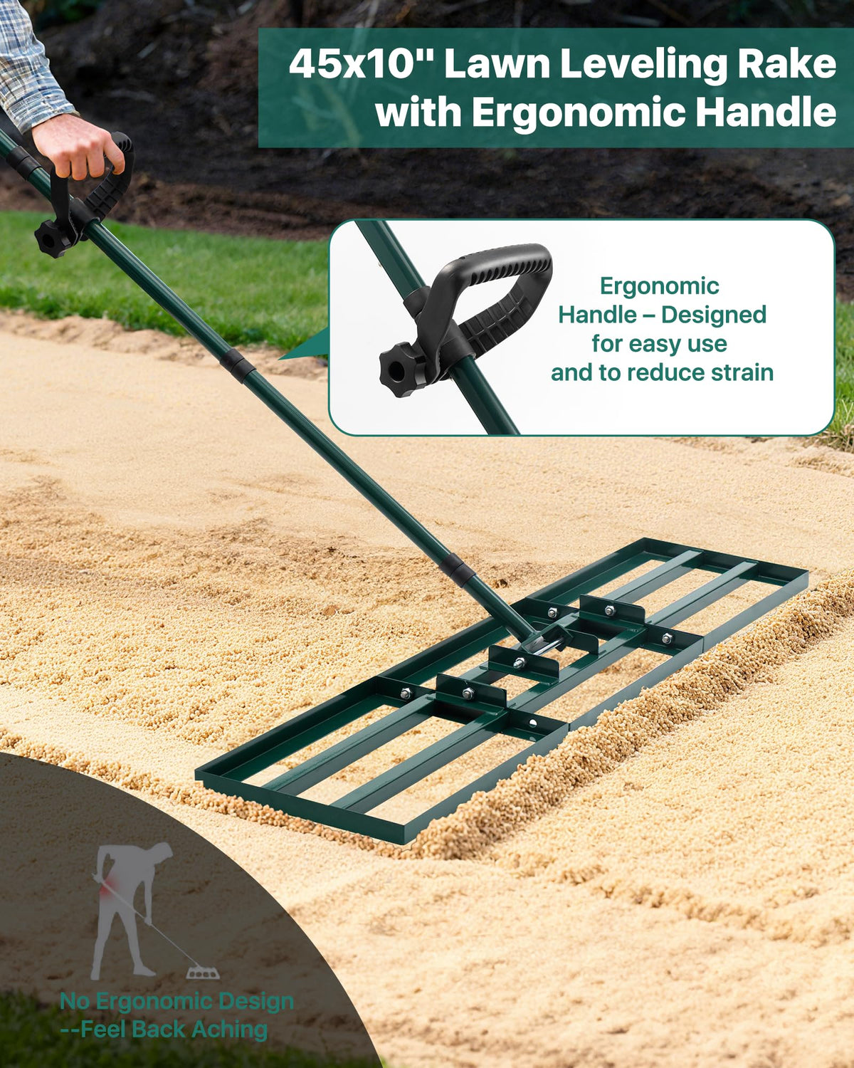 JivaJot rake with adjustable angle connection for precise control on uneven lawns