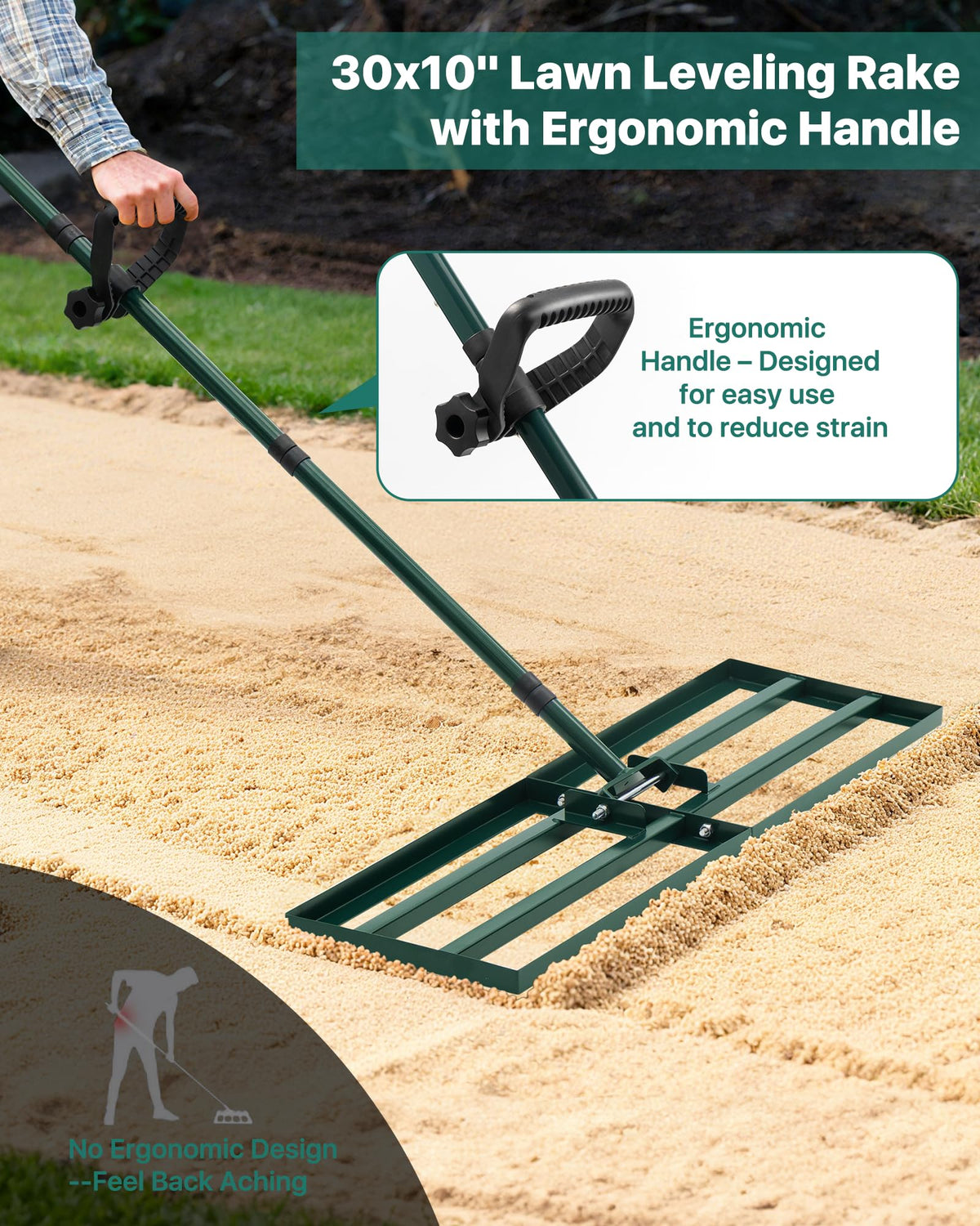 JivaJot Lawn Leveling Rake with 45x10 ground plate for large yard areas.