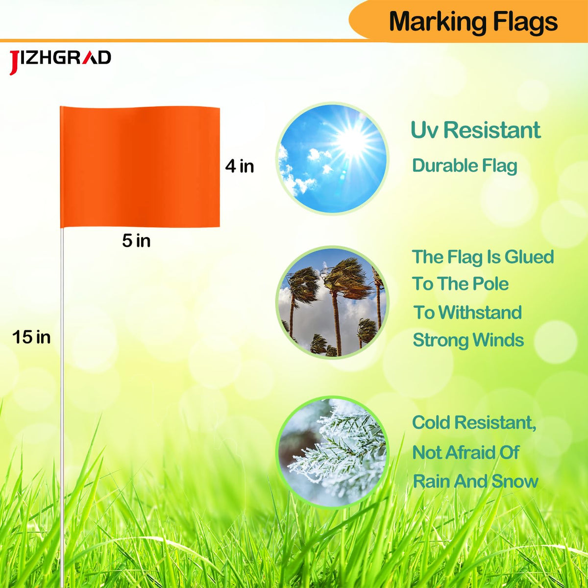 JIZHGRAD marker flags green blend with grass for subtle guidance.