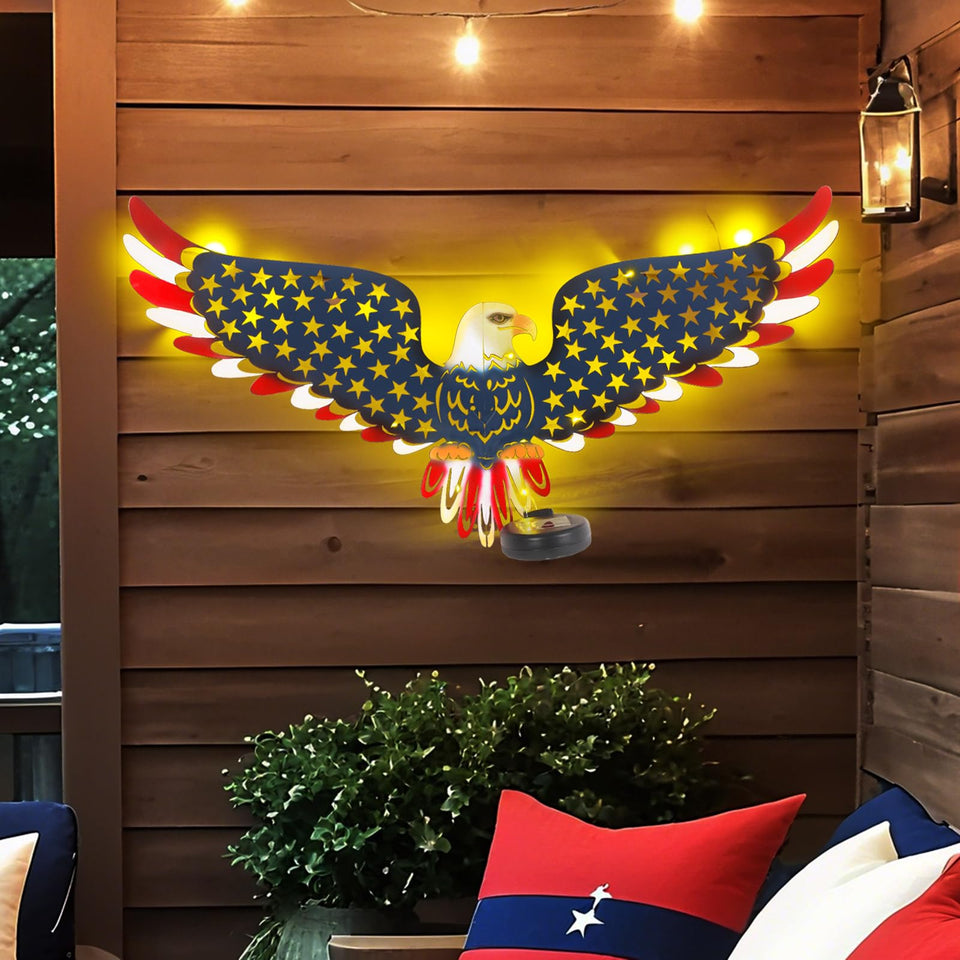 JJALIGHTS American Eagle wall art with solar-lit wings for dusk-to-dawn illumination.