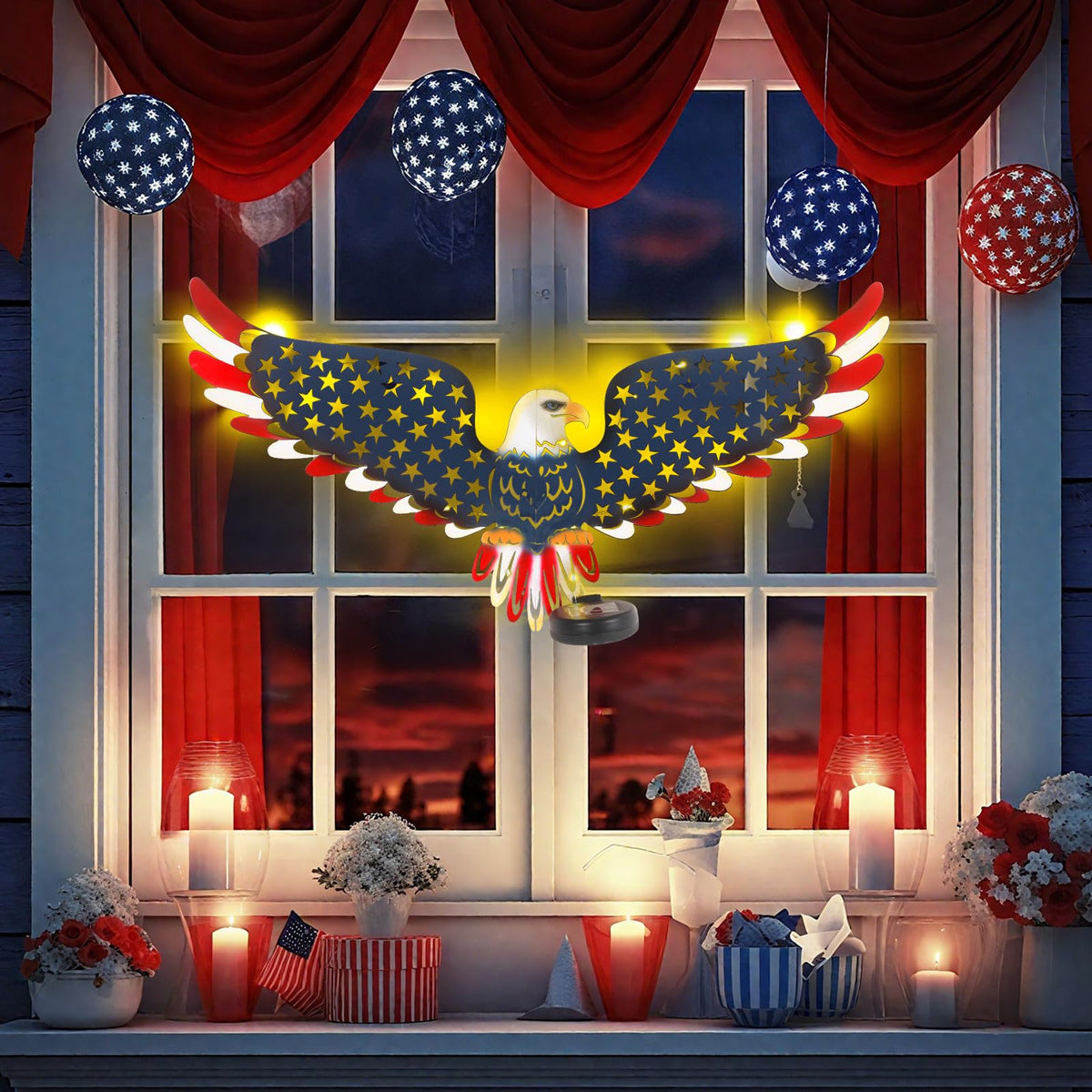 JJALIGHTS patriotic eagle decor highlights the flag motif with energy-saving solar lighting.