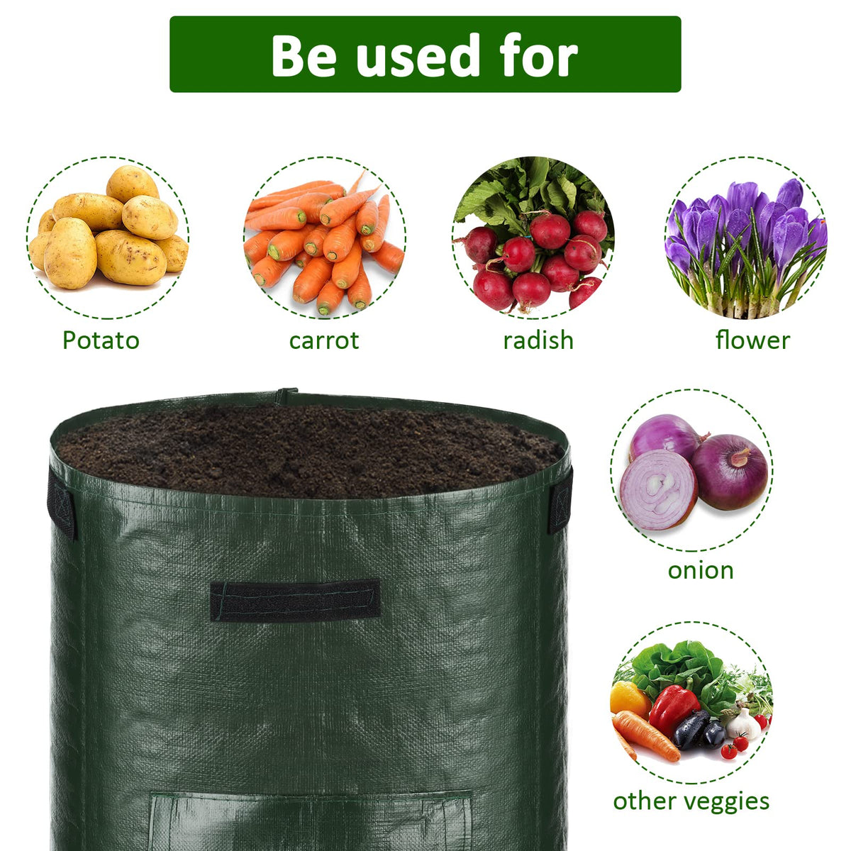 JJGoo grow bags with flap and handles for easy movement.