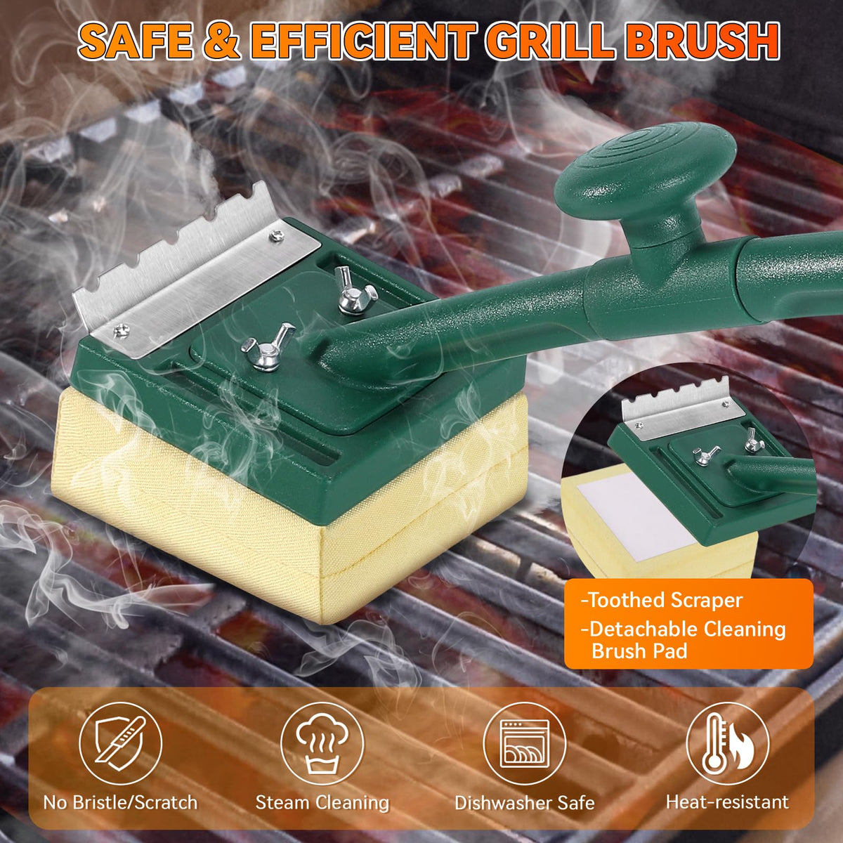 Jkoeier 22-inch ergonomic handle grill brush reaches difficult areas with comfortable grip.