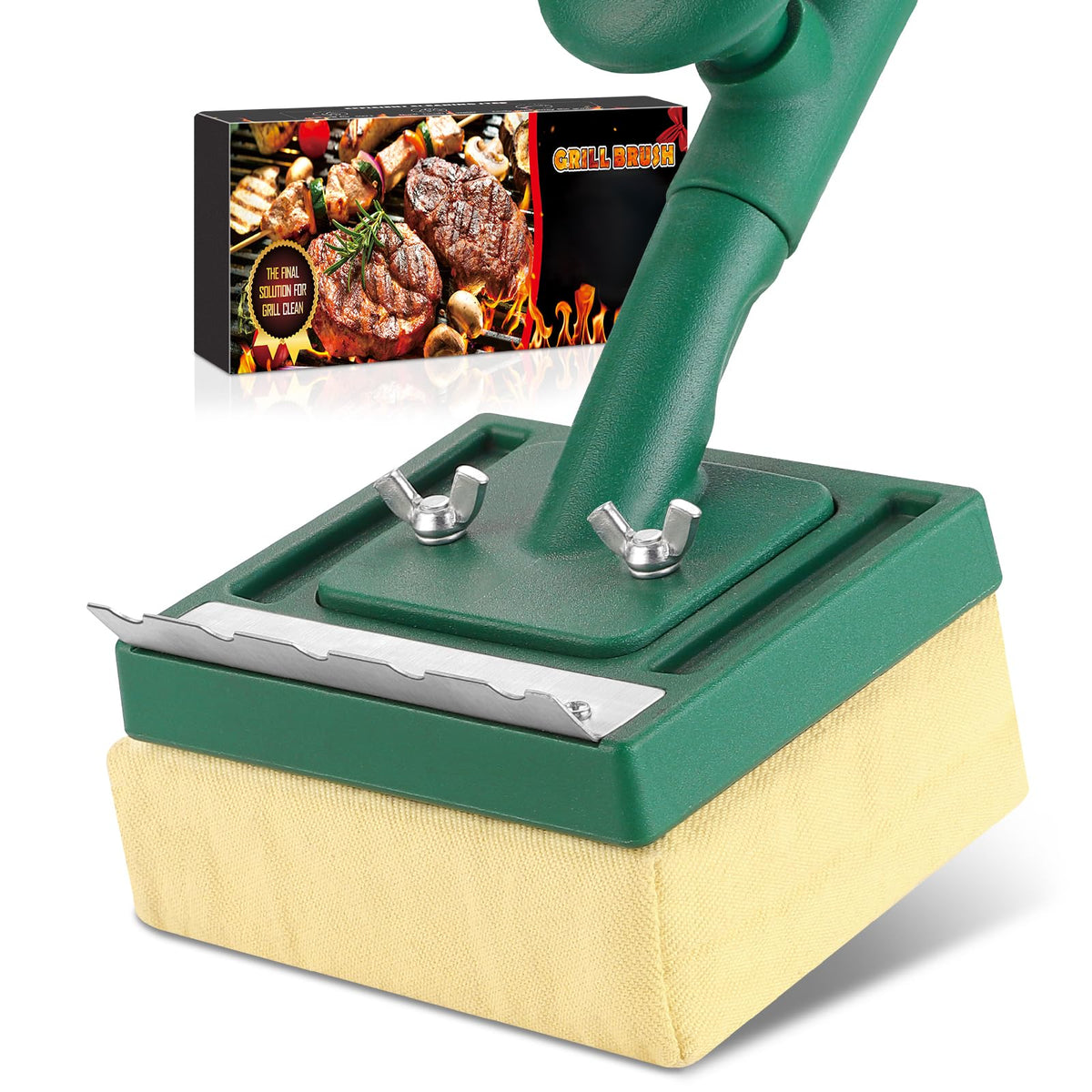 Jkoeier bristle-free grill brush with steam cleans grease from cast iron and stainless grills.