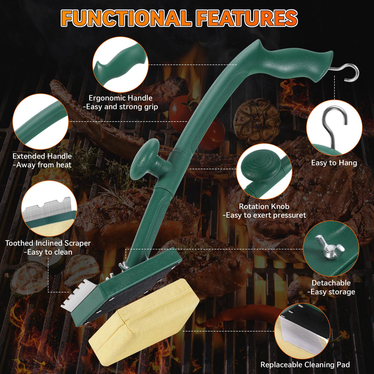 Jkoeier detachable cleaning head allows dishwasher-safe cleaning after grilling sessions.