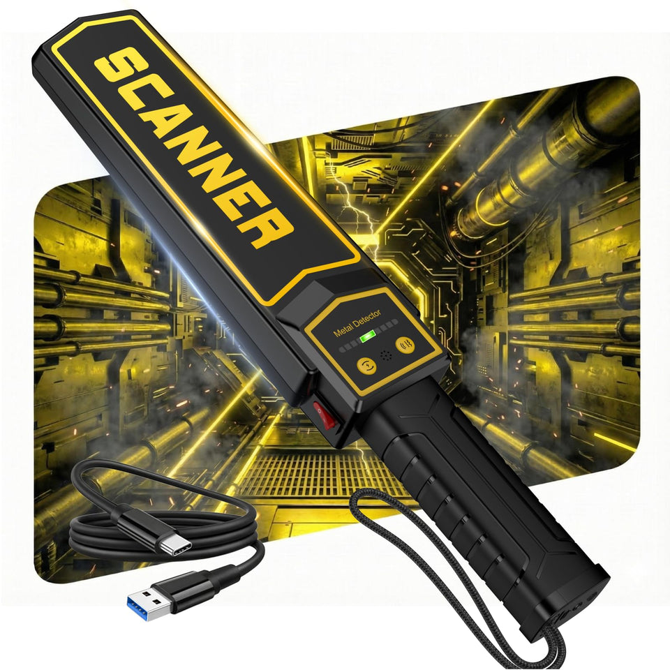 JKUSS rechargeable handheld metal detector wand scanning for hidden metals for security screening and woodworking.