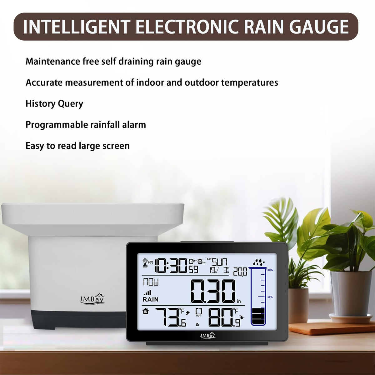 JMBay unit with blue backlight enables easy nighttime checking of rain and temperature.