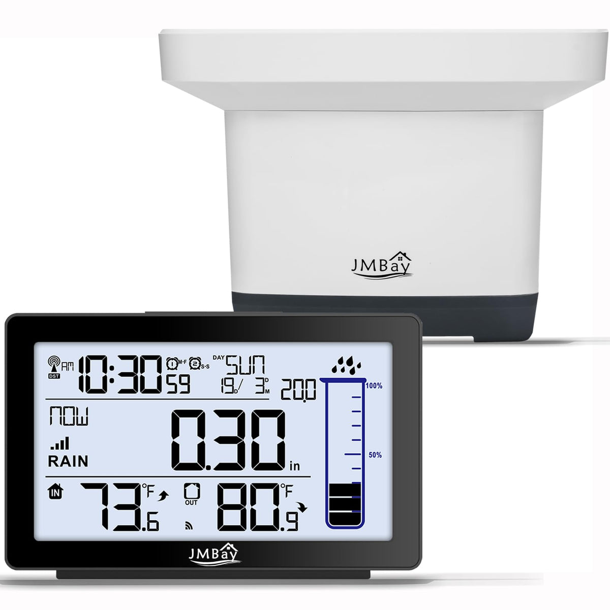 JMBay digital rain gauge outdoor display with rainfall and temperature readouts for easy yard monitoring.