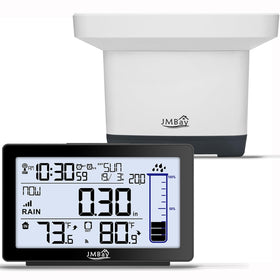 JMBay digital rain gauge outdoor display with rainfall and temperature readouts for easy yard monitoring.