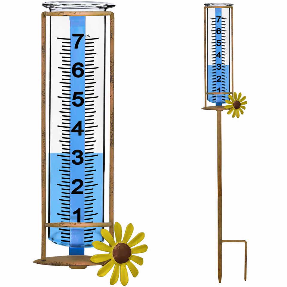 JMBay rain gauge on a sturdy stake for stable yard readings.