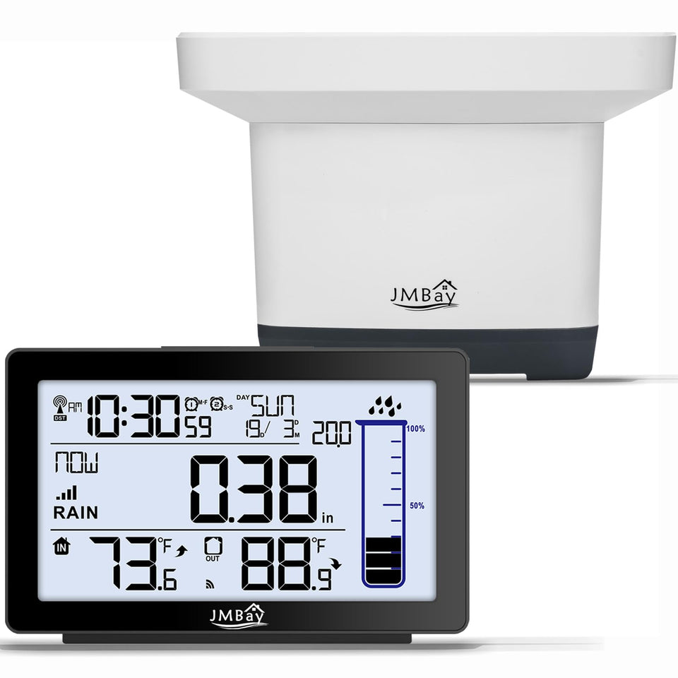 JMBay wireless rain gauge with outdoor sensor and indoor display shows rainfall and temperature.