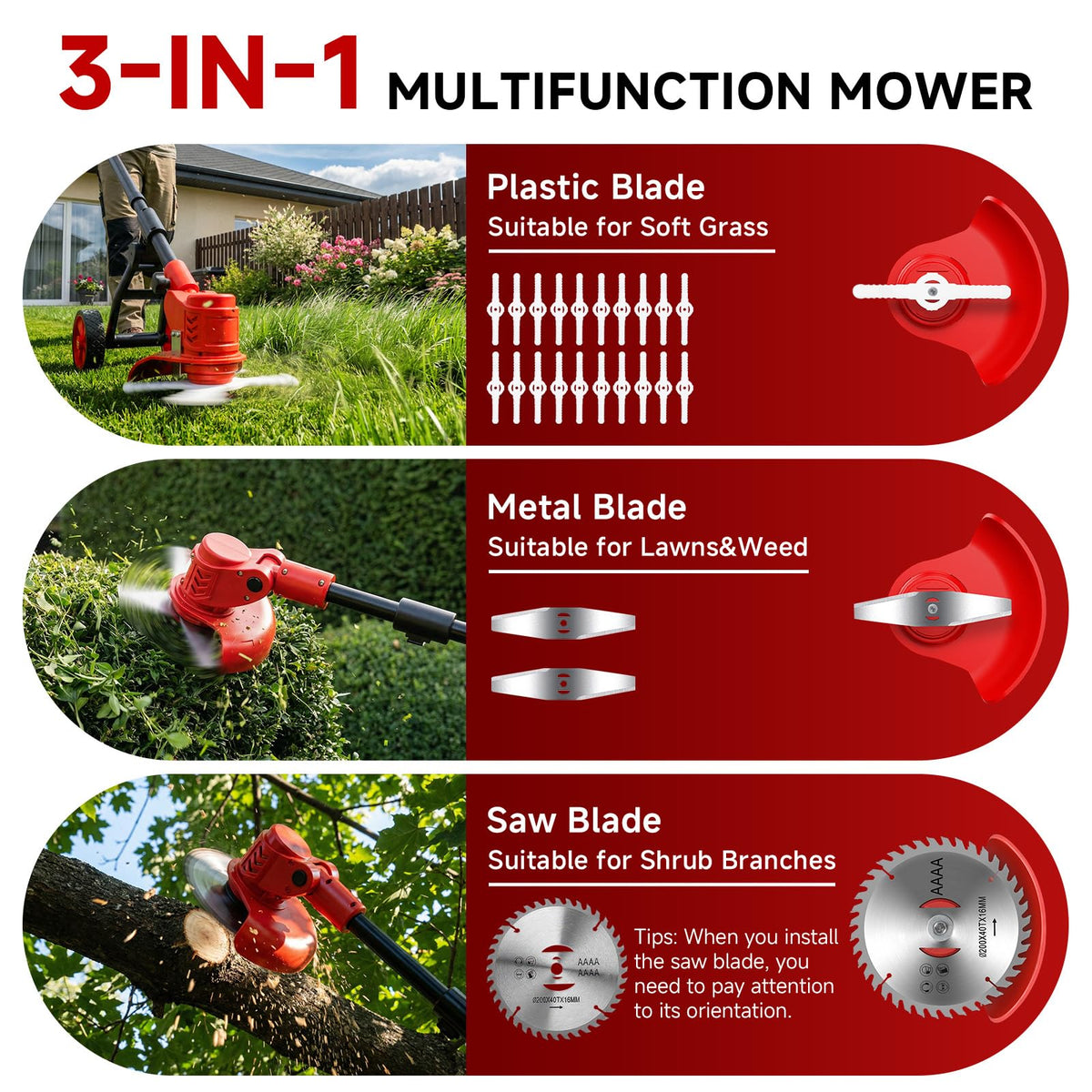 Jmmyvanee weed wacker with 3 blade types for soft lawn, thick grass, and branches