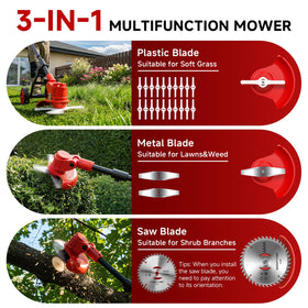 Jmmyvanee weed wacker with 3 blade types for soft lawn, thick grass, and branches