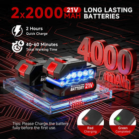 Charger included for fast recharging of the dual batteries