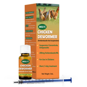 Jmxu's chicken dewormer bottle with fenbendazole suspension for parasite control.
