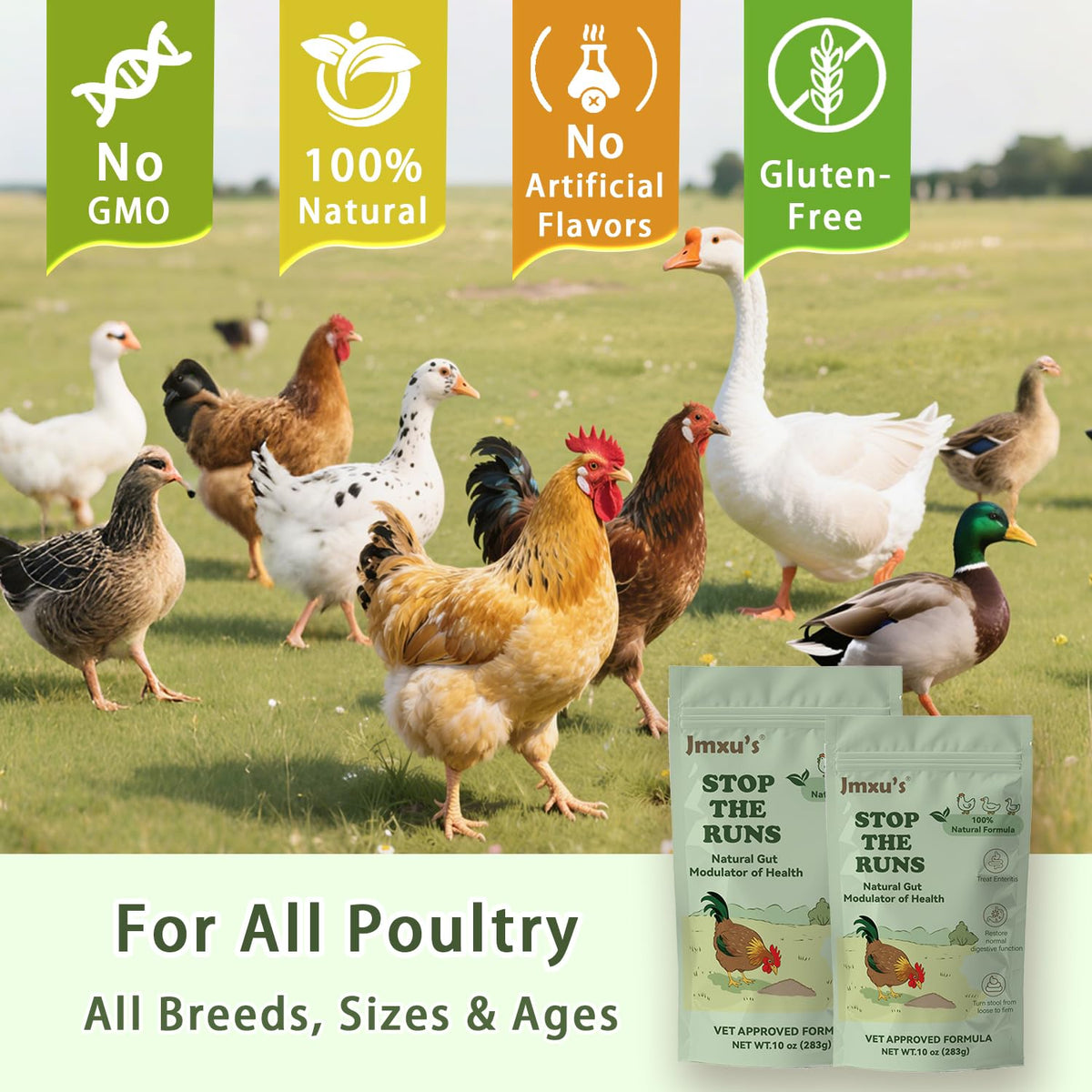Jmxu's Chicken Gut Modulator bottle on farm shelf for quick access.